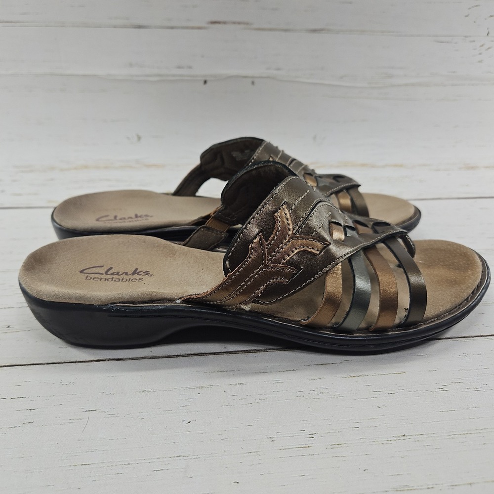 Clarks Bendable Women 9.5 Brown Leather Metallic Wedge Toe Post Sandal Shoes - Picture 5 of 10